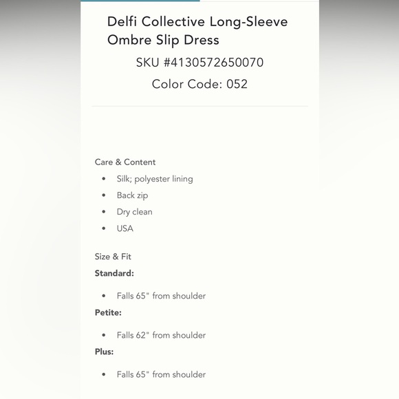 100% silk Anthropologie NWT Delfi Collective Long-Sleeve Ombre Slip Dress size S - Picture 5 of 6